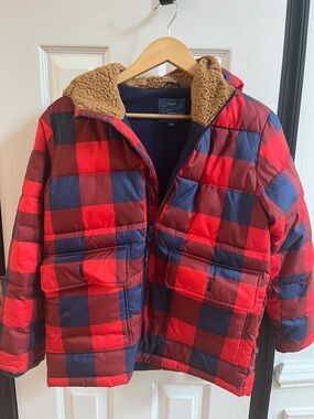 Crewcuts Red & Navy Plaid Puffer Jacket with Sherpa Hood